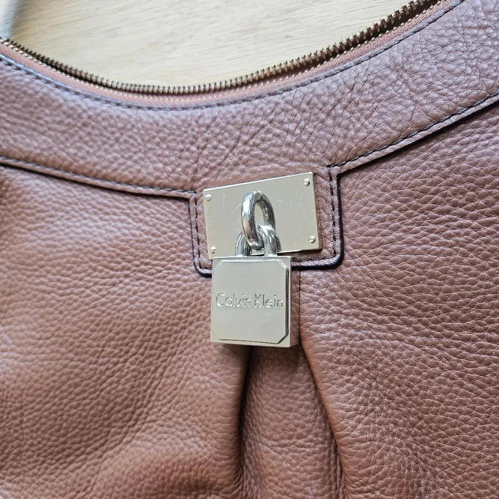 Calvin Klein‎ Brown Pebbled Leather Padlock Hobo Small Shoulder Tote Bag